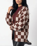 Women's Cardigan Sweater in Checkerboard Knit with Ribbed Trims, Relaxed Fit – Nell