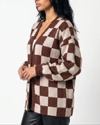 Women's Cardigan Sweater in Checkerboard Knit with Ribbed Trims, Relaxed Fit – Nell