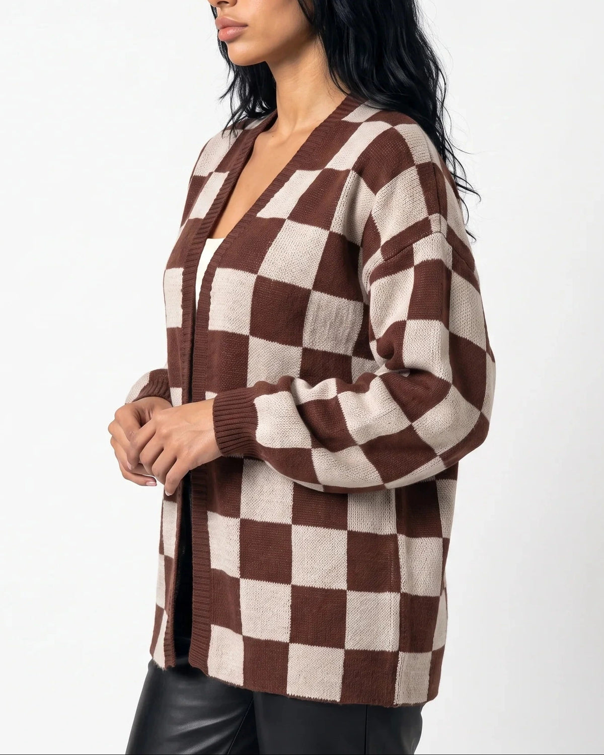 Women's Cardigan Sweater in Checkerboard Knit with Ribbed Trims, Relaxed Fit – Nell