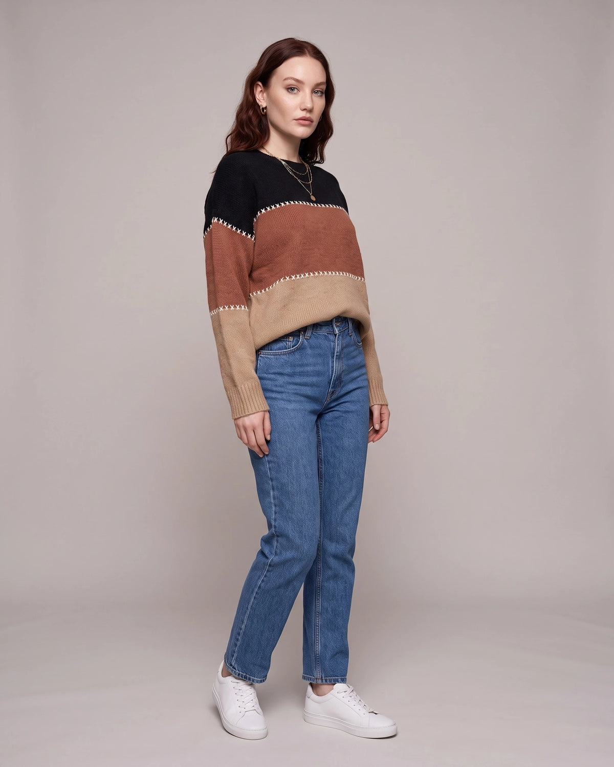 Women's Chunky Knit Jumper in Colour Block with Contrast Stitch Detail – Nell Grey