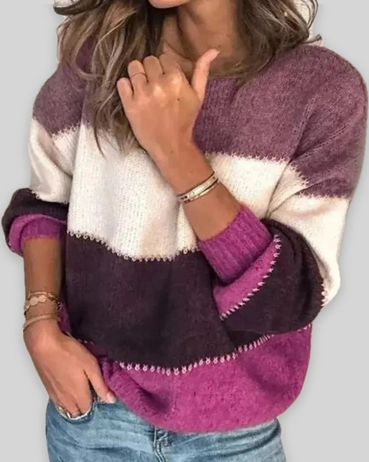 Women's Chunky Knit Jumper in Colour Block with Contrast Stitch Detail – Nell Grey