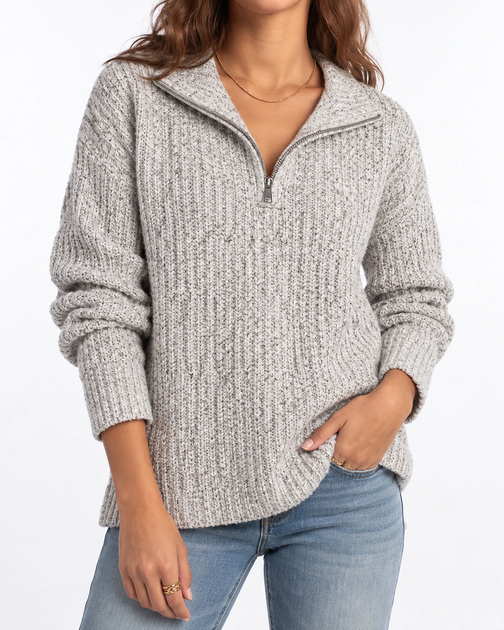 Women's Chunky Knit Jumper with Quarter Zip and Fold-Over Collar, Relaxed Fit – Florence