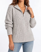 Women's Chunky Knit Jumper with Quarter Zip and Fold-Over Collar, Relaxed Fit – Florence
