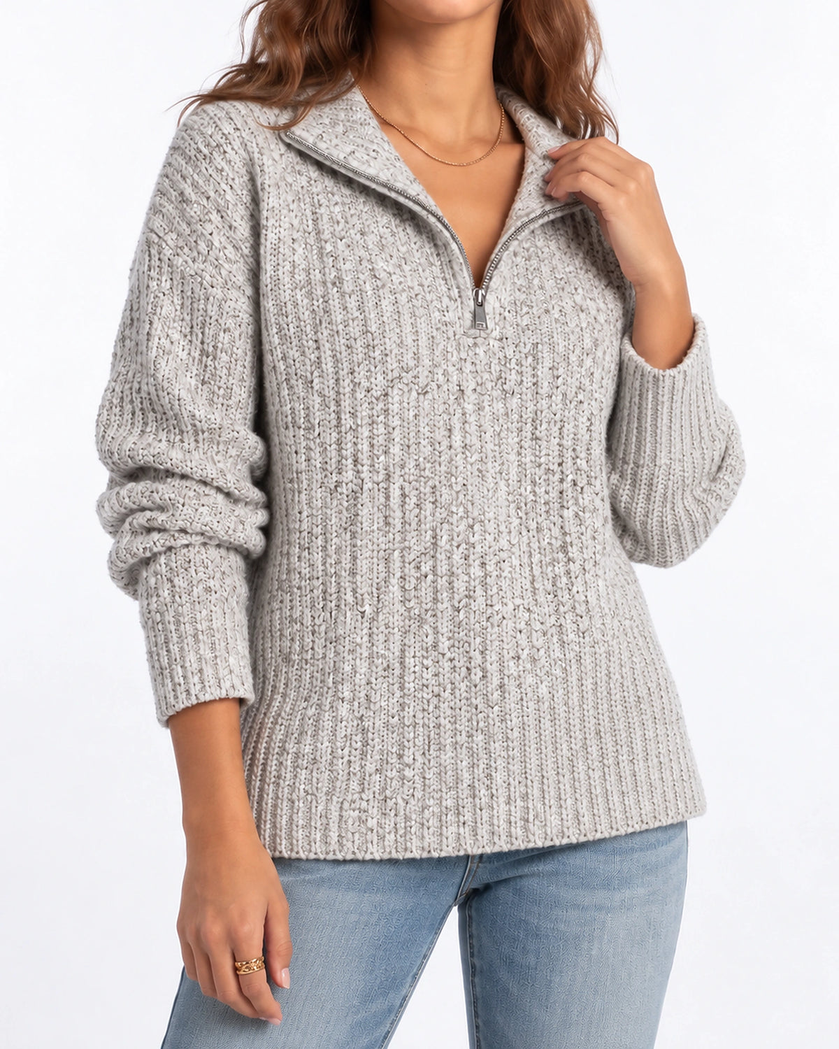 Women's Chunky Knit Jumper with Quarter Zip and Fold-Over Collar, Relaxed Fit – Florence