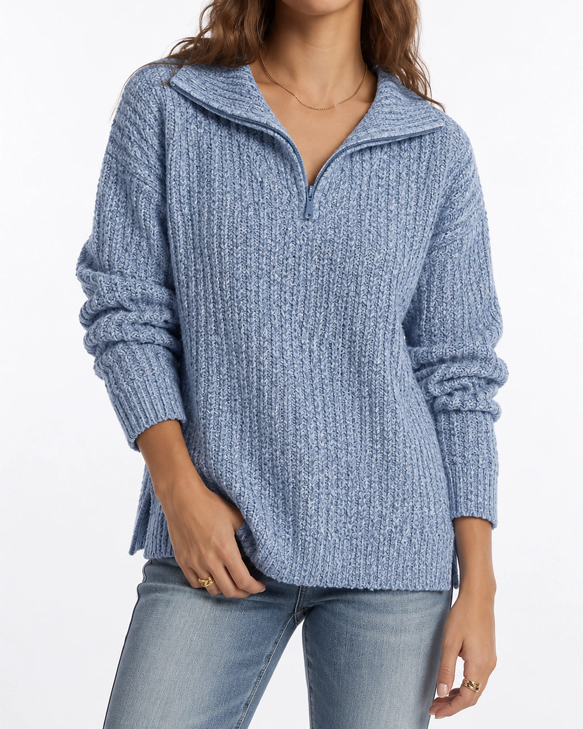 Women's Chunky Knit Jumper with Quarter Zip and Fold-Over Collar, Relaxed Fit – Florence