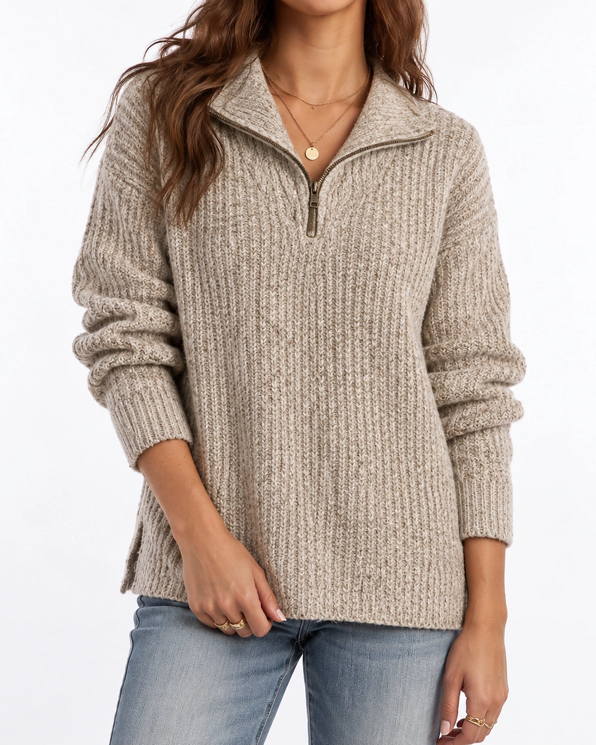 Women's Chunky Knit Jumper with Quarter Zip and Fold-Over Collar, Relaxed Fit – Florence