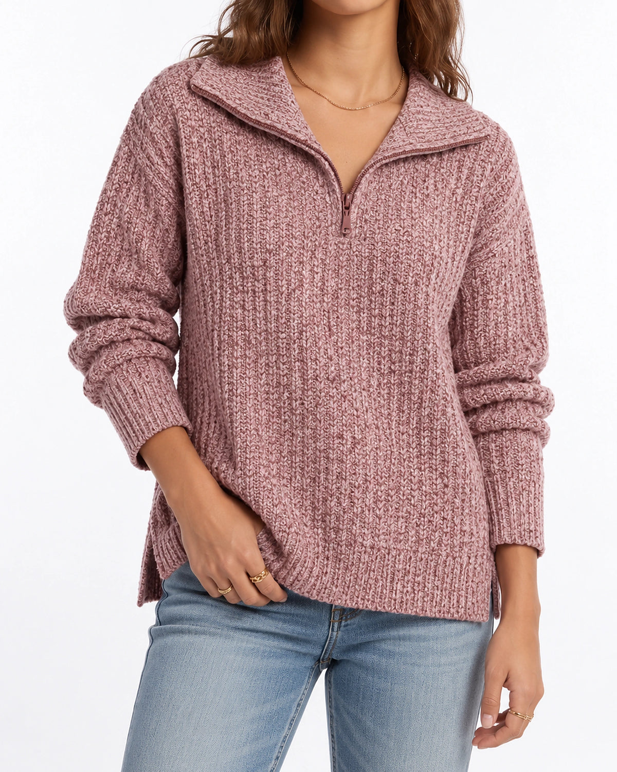 Women's Chunky Knit Jumper with Quarter Zip and Fold-Over Collar, Relaxed Fit – Florence