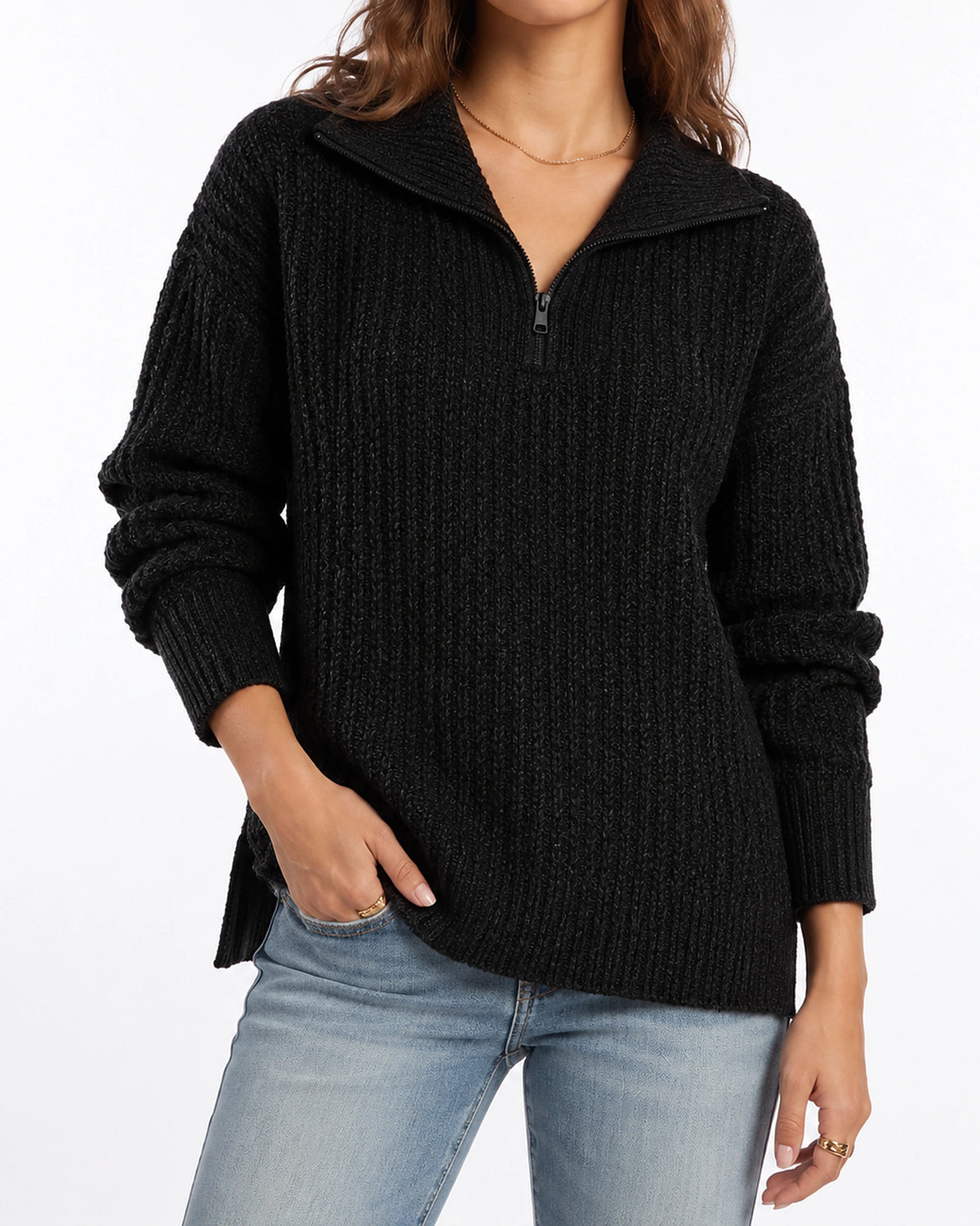 Women's Chunky Knit Jumper with Quarter Zip and Fold-Over Collar, Relaxed Fit – Florence