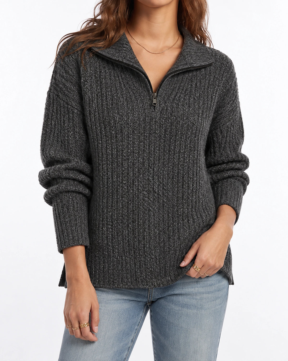 Women's Chunky Knit Jumper with Quarter Zip and Fold-Over Collar, Relaxed Fit – Florence