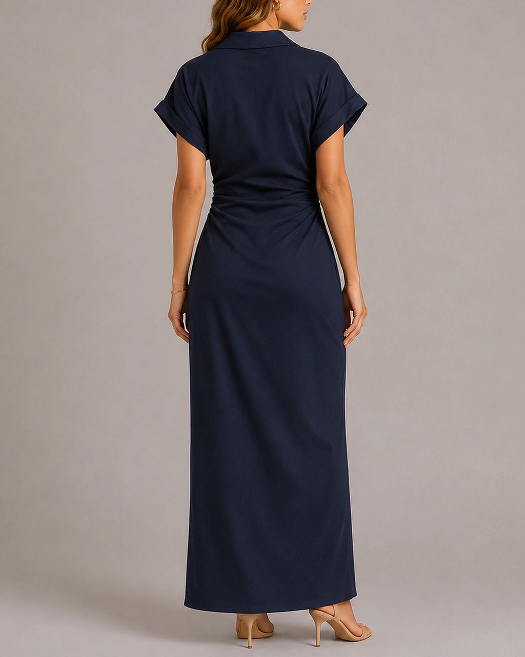 Women's Tailored Denim Midi Dress with Ruched Waist, Collared Button Front and Side Split – Lena Belle