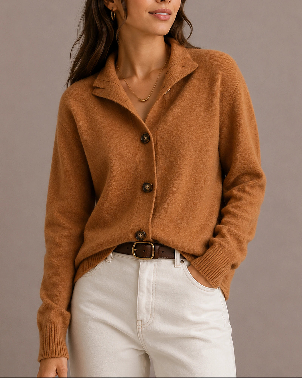 Women's Cardigan in Collared Knit with Button-Up Front, Ribbed Cuffs and Hem – Daisy