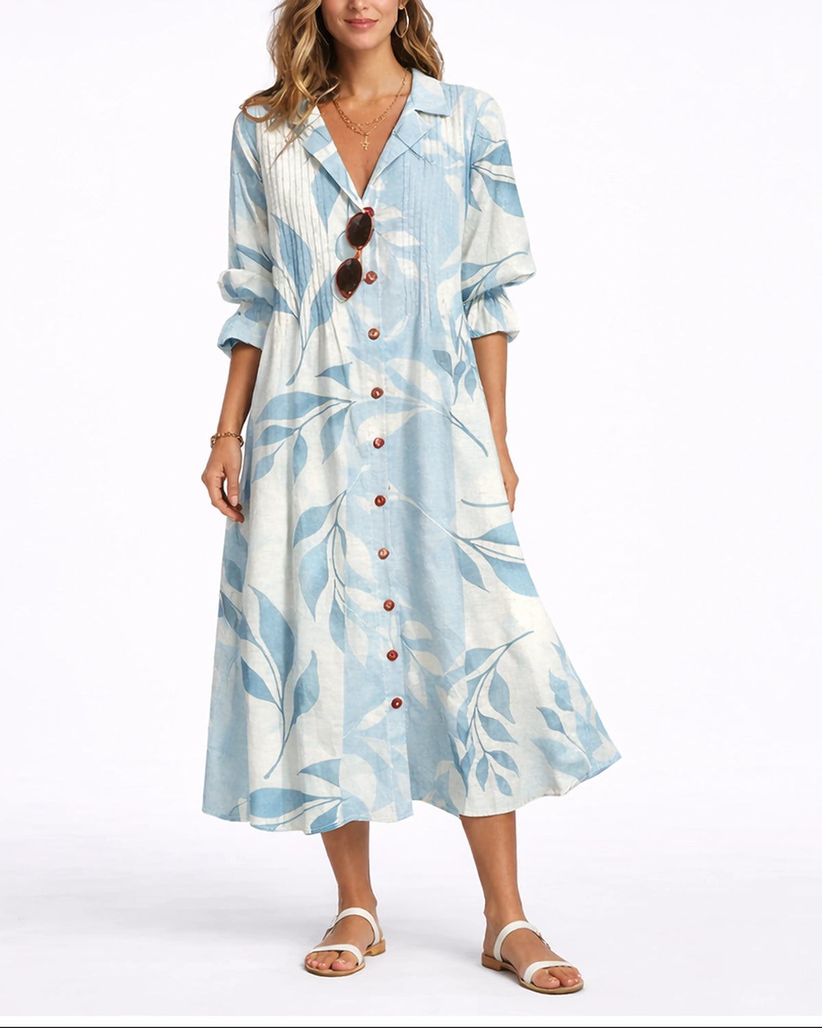 Women's Floral Maxi Dress with Pintuck Collared Shirt Bodice and Button Front – Lena Lou