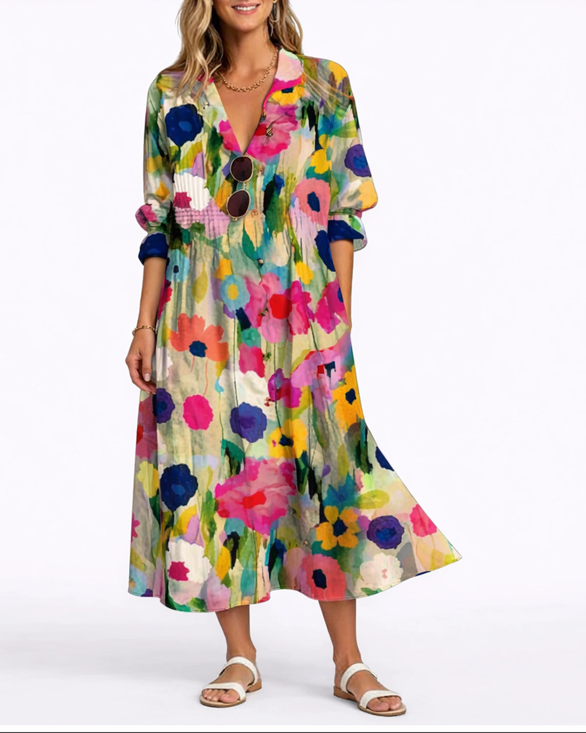 Women's Floral Maxi Dress with Pintuck Collared Shirt Bodice and Button Front – Lena Lou