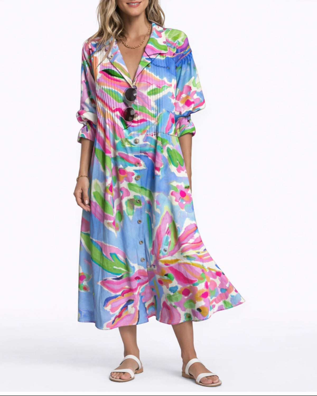 Women's Floral Maxi Dress with Pintuck Collared Shirt Bodice and Button Front – Lena Lou