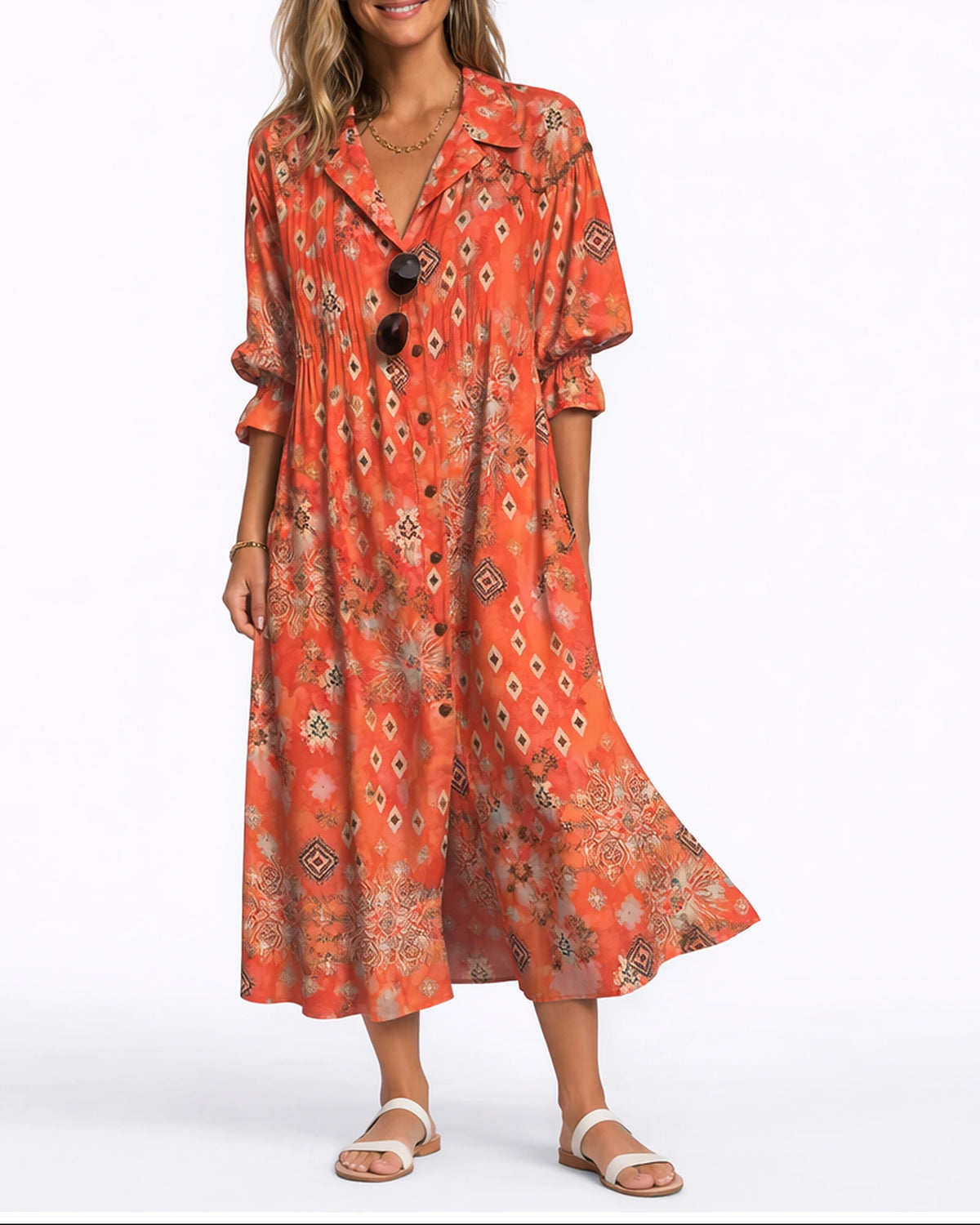 Women's Floral Maxi Dress with Pintuck Collared Shirt Bodice and Button Front – Lena Lou