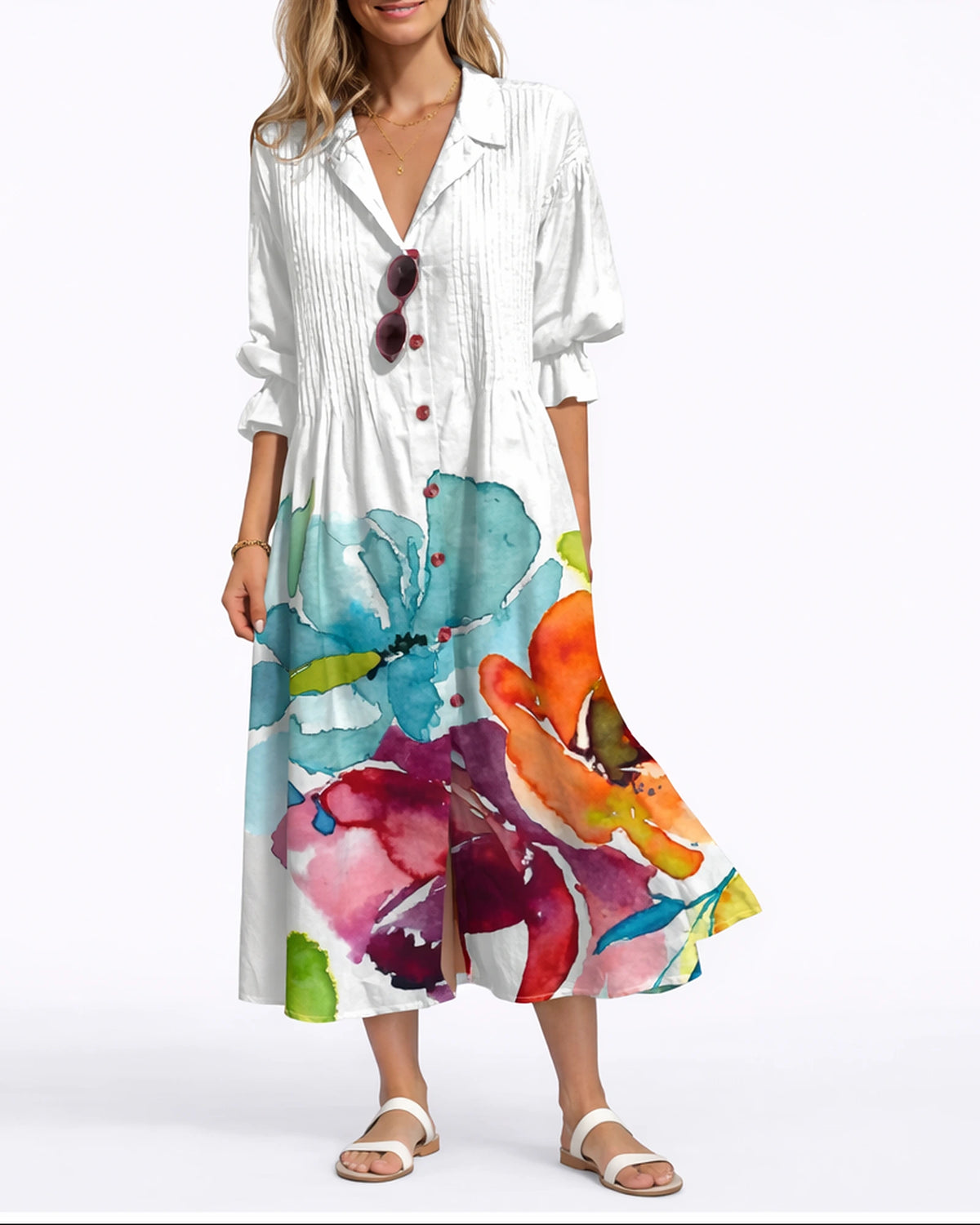 Women's Floral Maxi Dress with Pintuck Collared Shirt Bodice and Button Front – Lena Lou