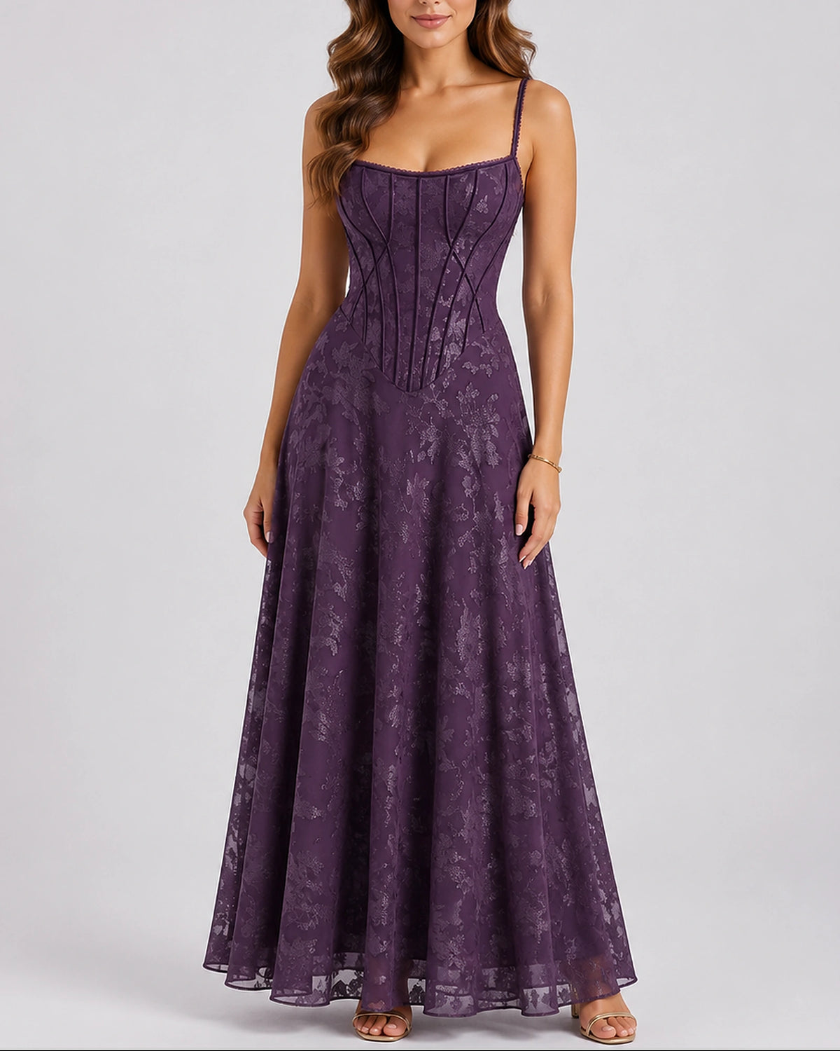 Women's Corset Maxi Dress with Floral Lace Bodice and Thin Straps – Nora Rose