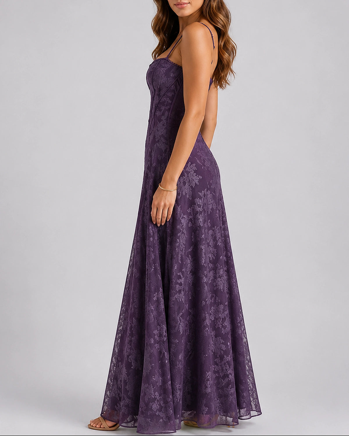 Women's Corset Maxi Dress with Floral Lace Bodice and Thin Straps – Nora Rose