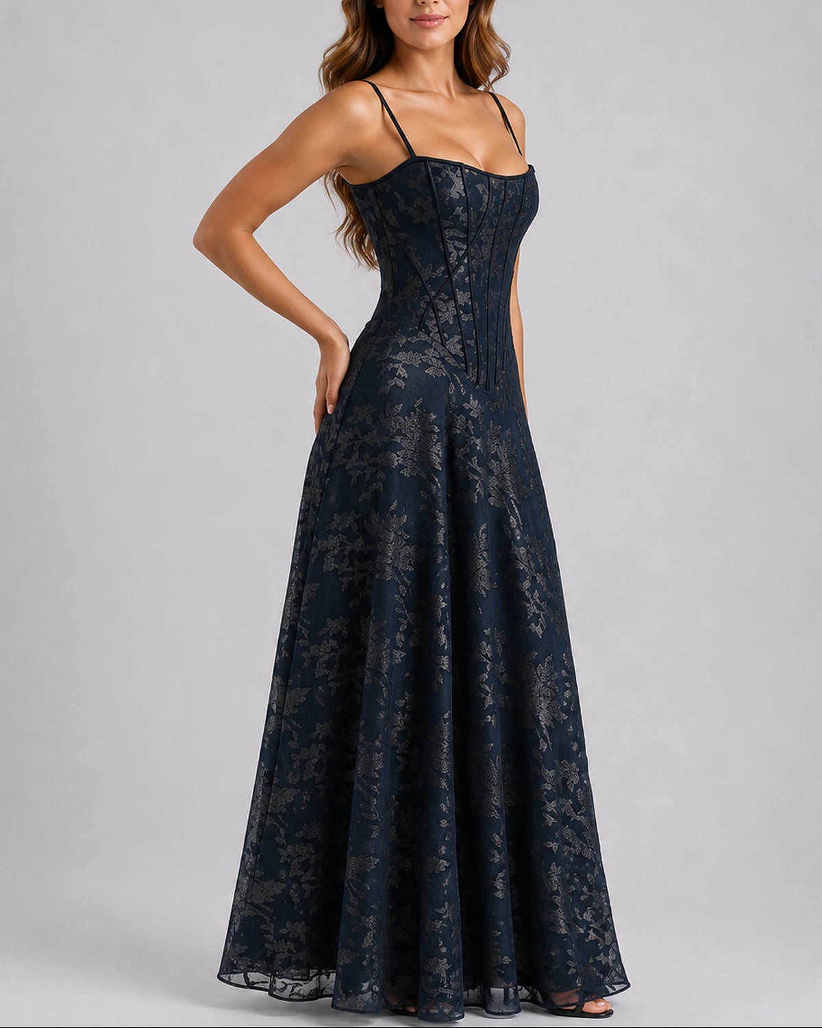 Women's Corset Maxi Dress with Floral Lace Bodice and Thin Straps – Nora Rose