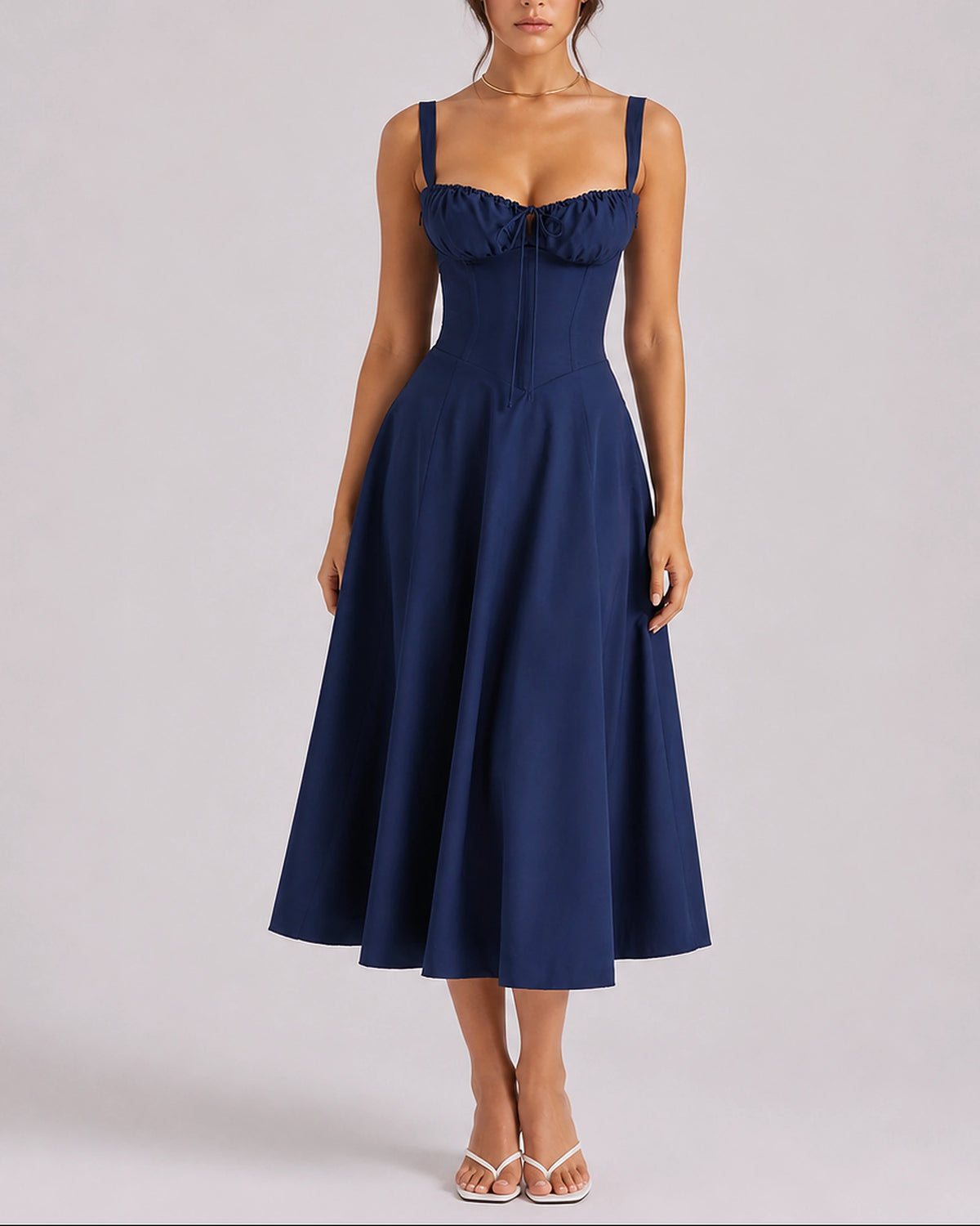 Women's Corset Midi Dress with Ruched Bust and Thin Straps – Phoebe Grey