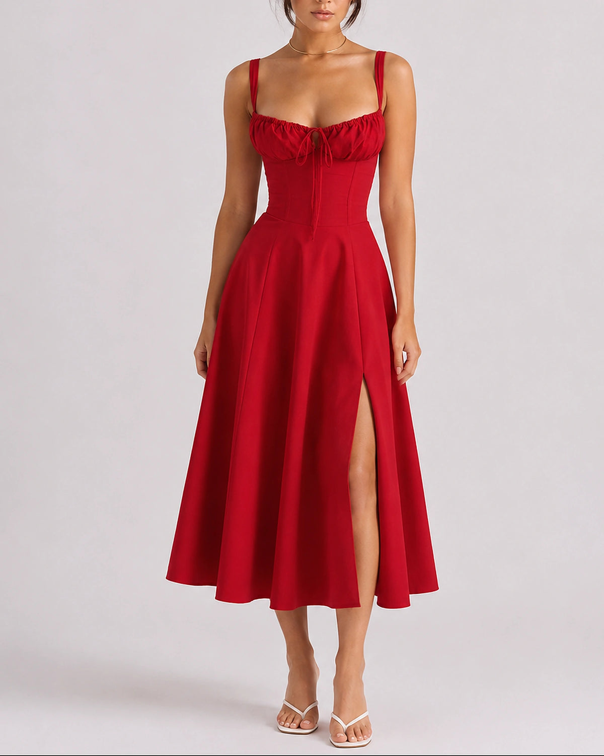 Women's Corset Midi Dress with Ruched Bust and Thin Straps – Phoebe Grey