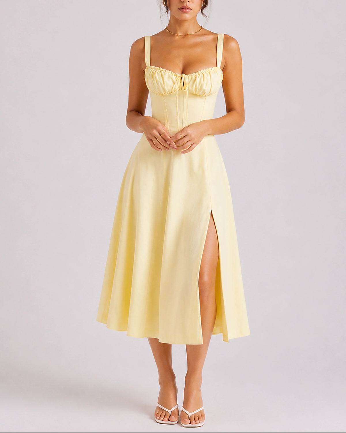 Women's Corset Midi Dress with Ruched Bust and Thin Straps – Phoebe Grey