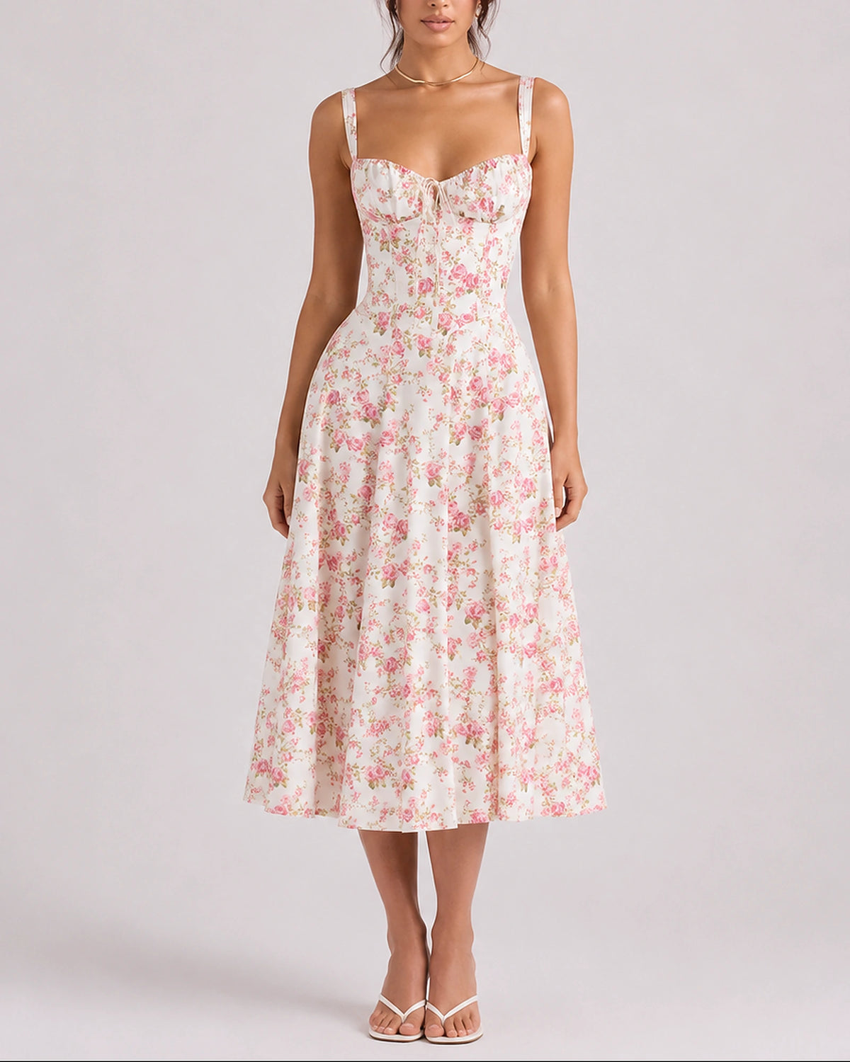 Women's Corset Midi Dress with Ruched Bust and Thin Straps – Phoebe Grey