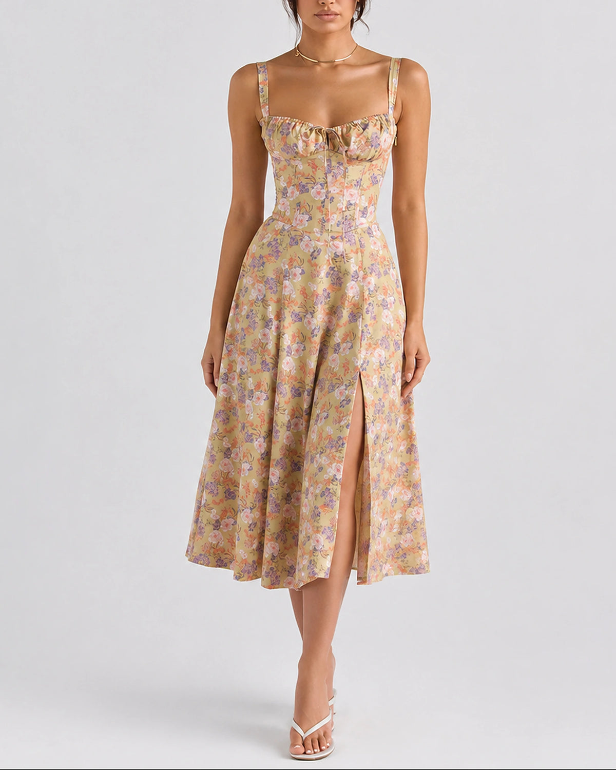 Women's Corset Midi Dress with Ruched Bust and Thin Straps – Phoebe Grey