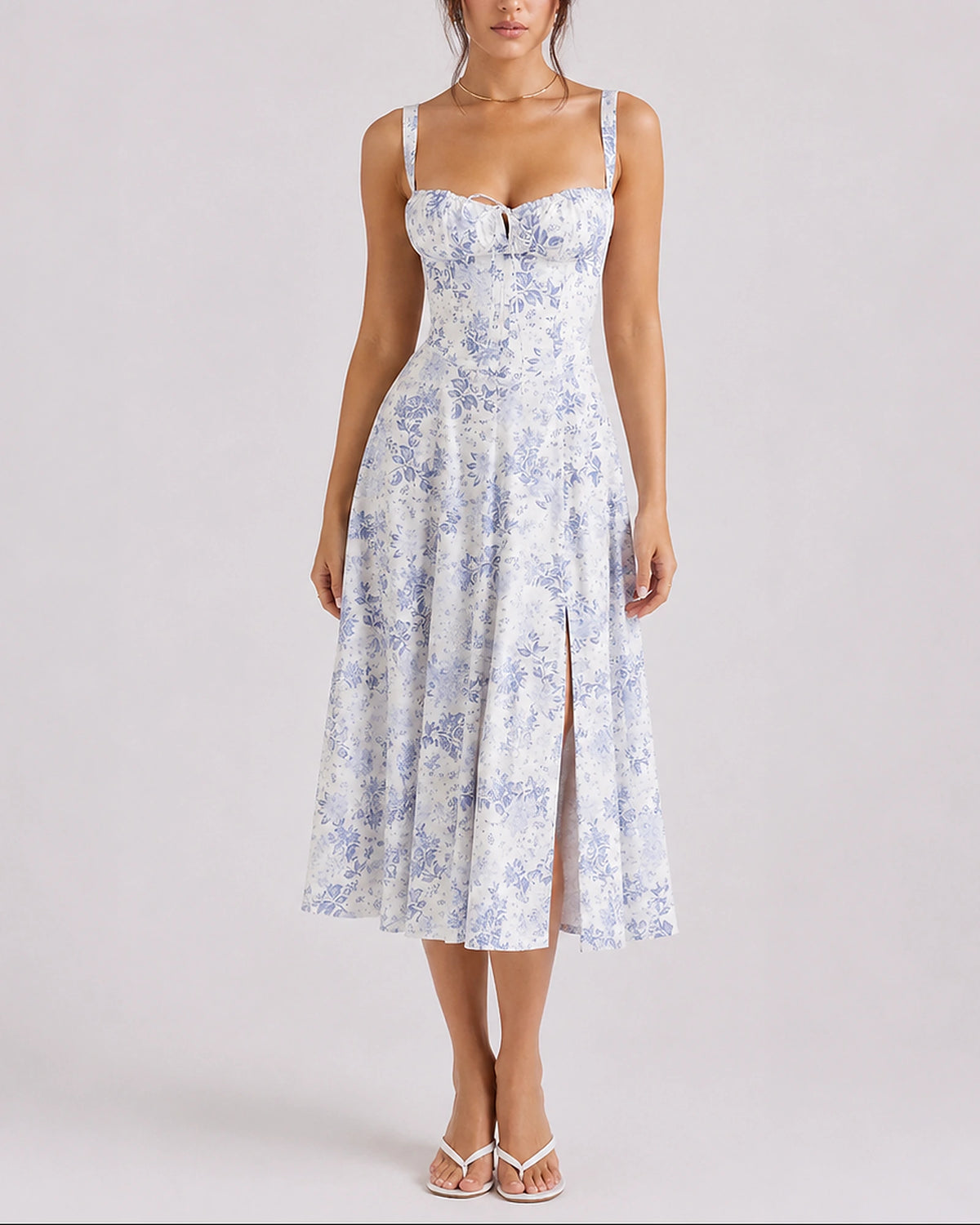 Women's Corset Midi Dress with Ruched Bust and Thin Straps – Phoebe Grey