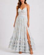 Women's Corset Summer Maxi Dress with Ruffle Hem and Thigh-High Split in Floral Print – Vera Belle