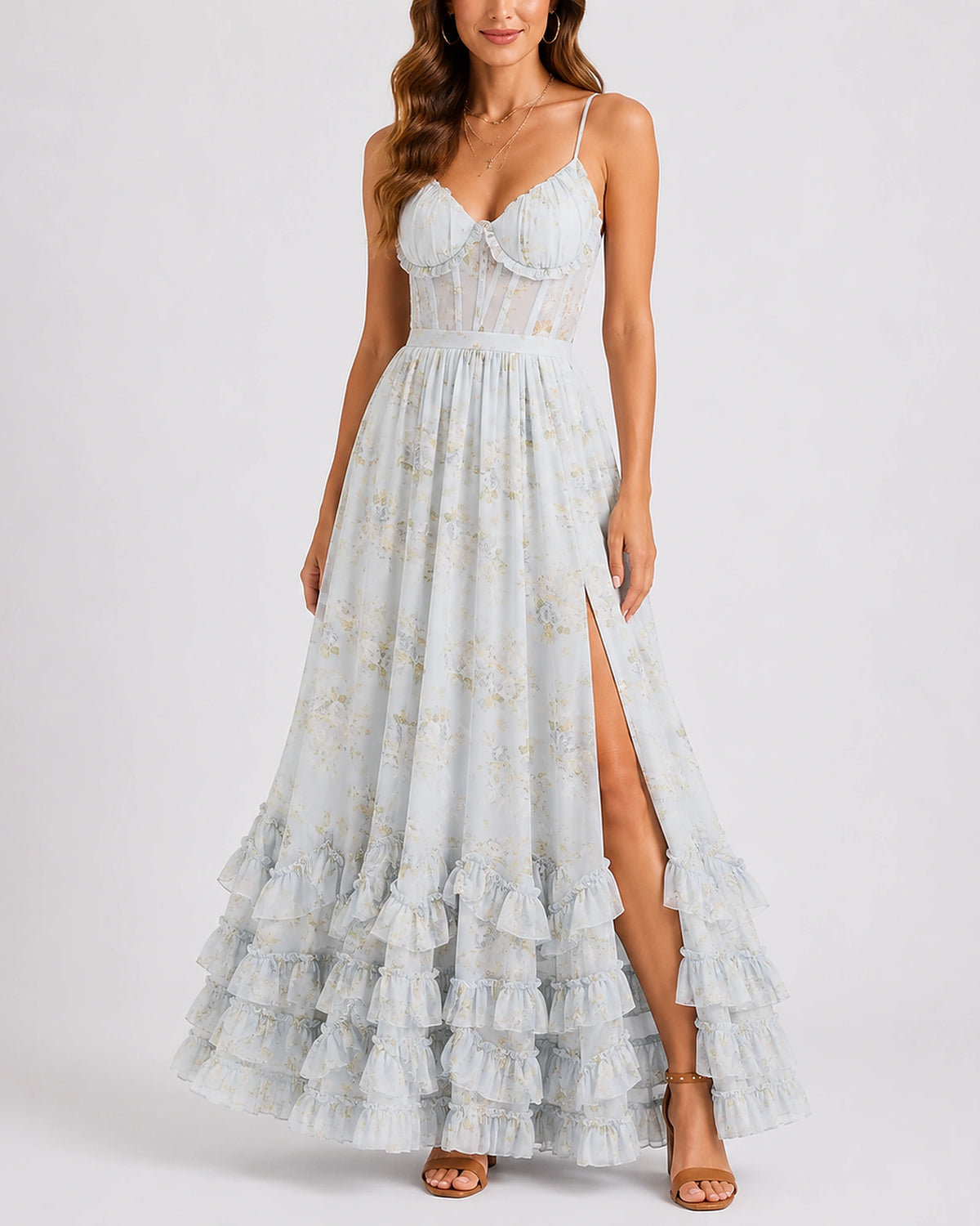 Women's Corset Summer Maxi Dress with Ruffle Hem and Thigh-High Split in Floral Print – Vera Belle