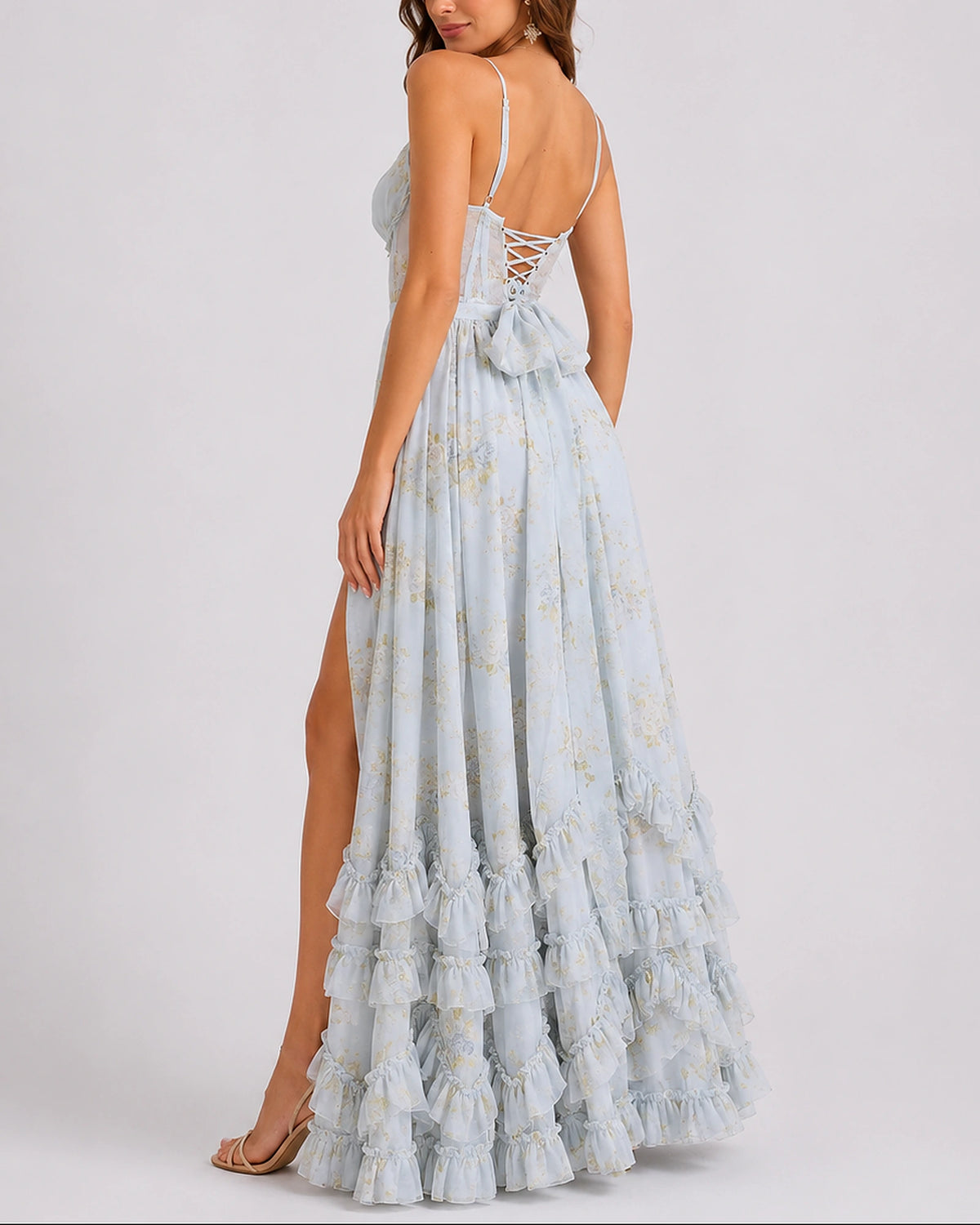 Women's Corset Summer Maxi Dress with Ruffle Hem and Thigh-High Split in Floral Print – Vera Belle