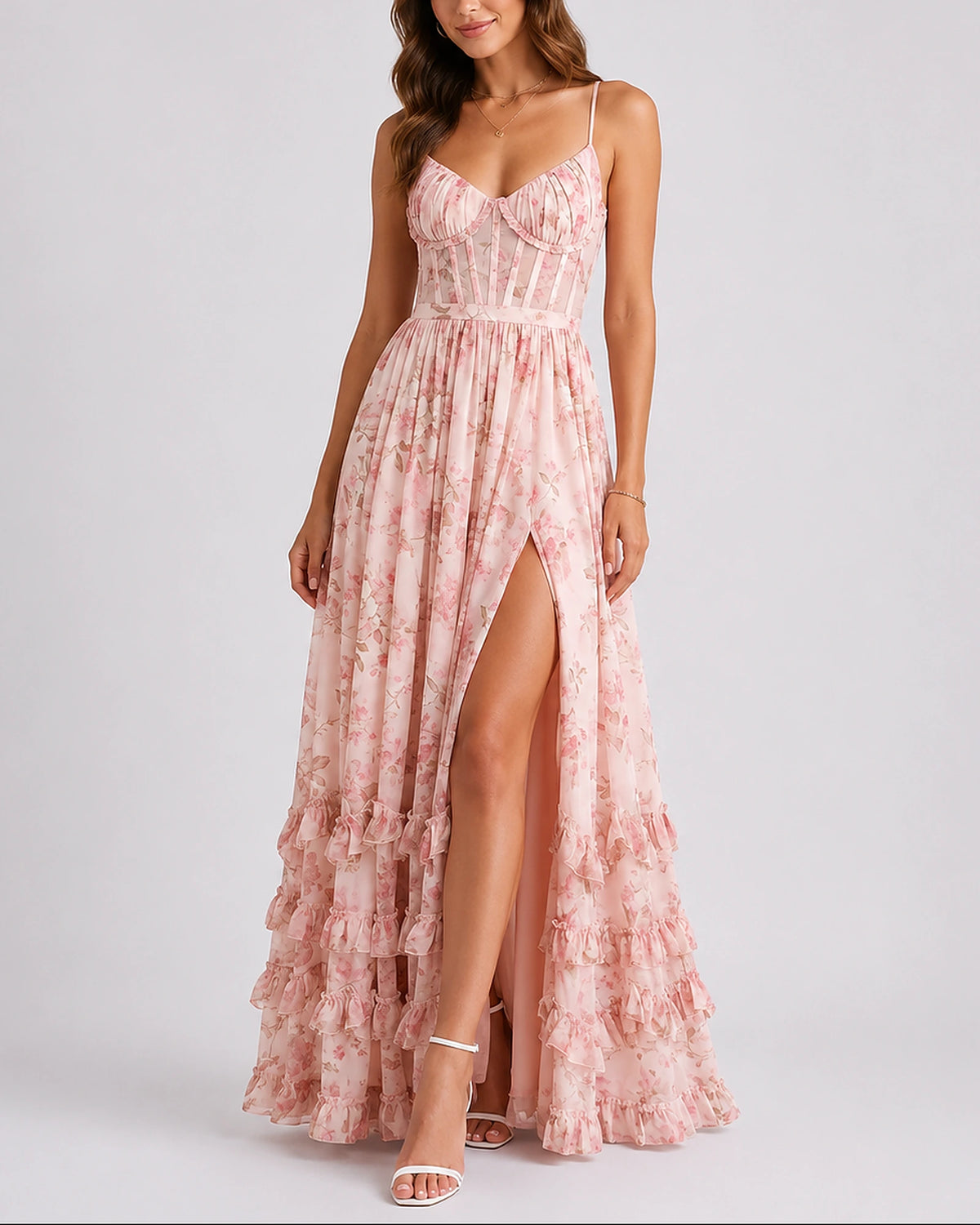 Women's Corset Summer Maxi Dress with Ruffle Hem and Thigh-High Split in Floral Print – Vera Belle