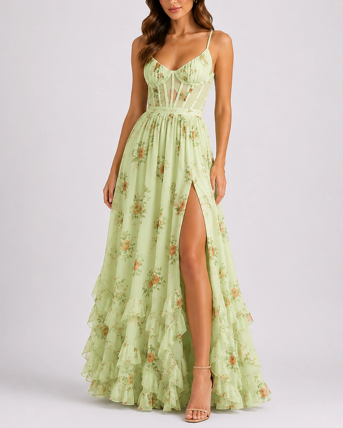 Women's Corset Summer Maxi Dress with Ruffle Hem and Thigh-High Split in Floral Print – Vera Belle