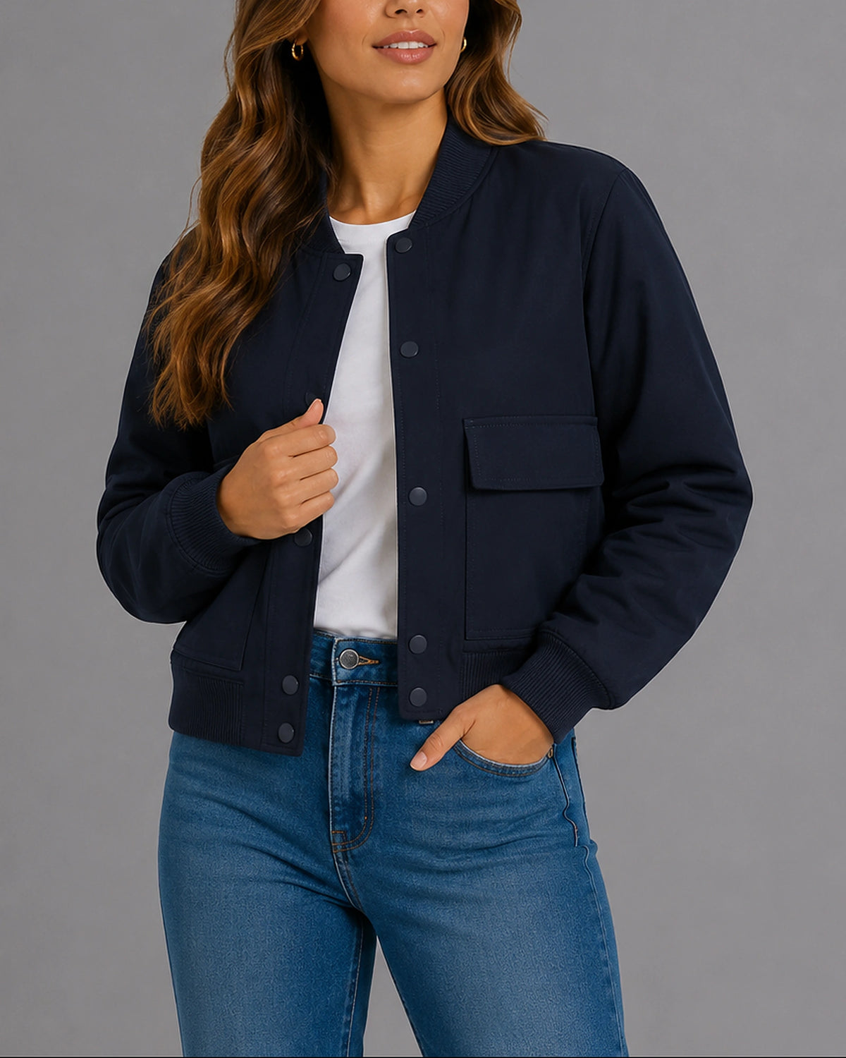 Women's Bomber Jacket in a Lightweight Cropped Cut with Front Flap Pockets and Ribbed Trims – Winnie