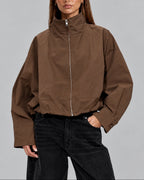 Women's Cropped Oversized Brown Bomber Jacket with High Funnel Neck – Blair