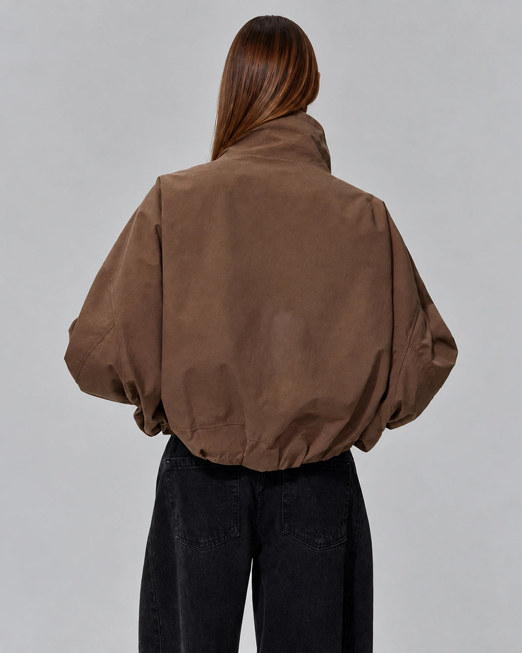 Women's Cropped Oversized Brown Bomber Jacket with High Funnel Neck – Blair