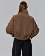 Women's Cropped Oversized Brown Bomber Jacket with High Funnel Neck – Blair