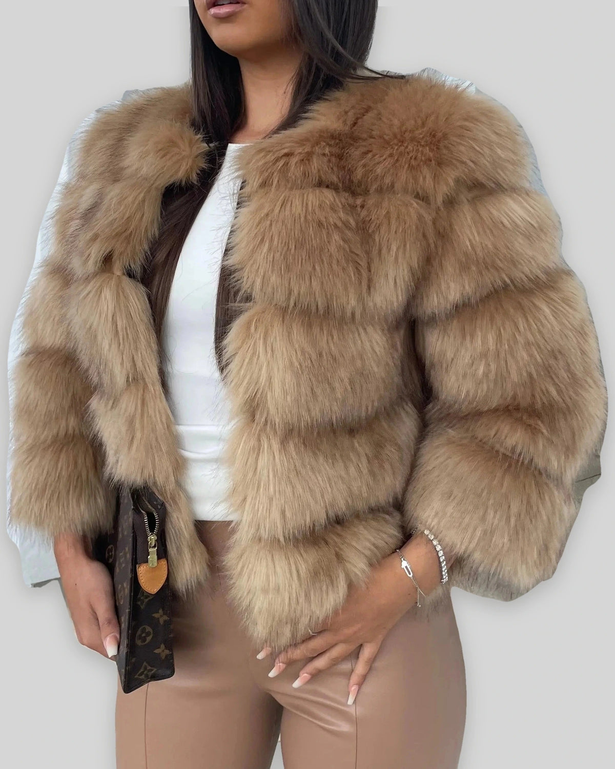 Women's Cropped Bubble Faux Fur Coat with Three-Quarter Sleeves – Violet Mae