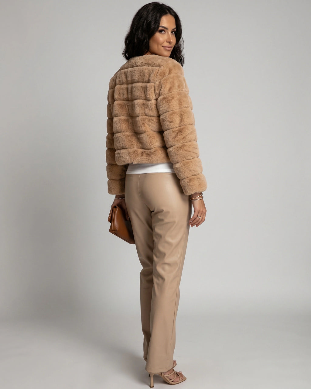 Women's Cropped Bubble Faux Fur Coat with Three-Quarter Sleeves – Violet Mae