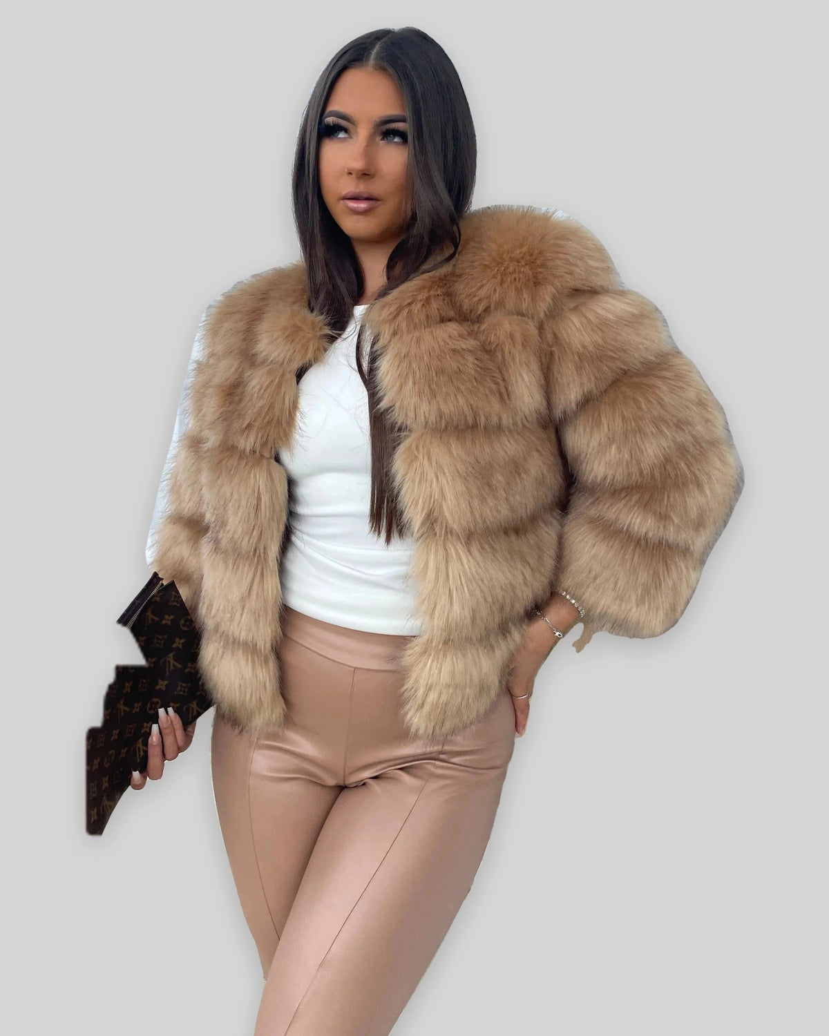 Women's Cropped Bubble Faux Fur Coat with Three-Quarter Sleeves – Violet Mae