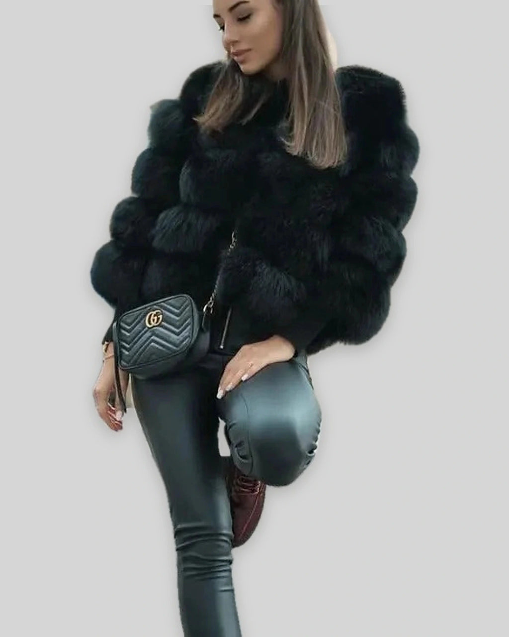 Women's Cropped Bubble Faux Fur Coat with Three-Quarter Sleeves – Violet Mae