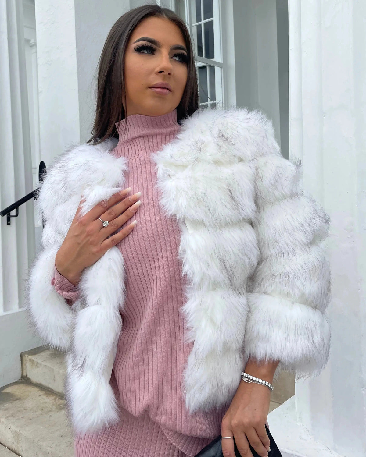 Women's Cropped Bubble Faux Fur Coat with Three-Quarter Sleeves – Violet Mae