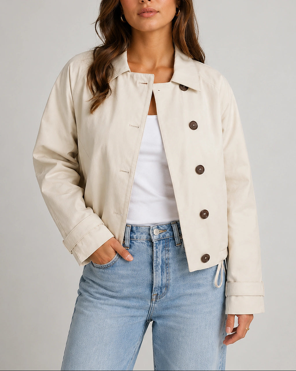 Women's Cropped Jacket with Button-Front Fastening and Collar in Beige – Tilly