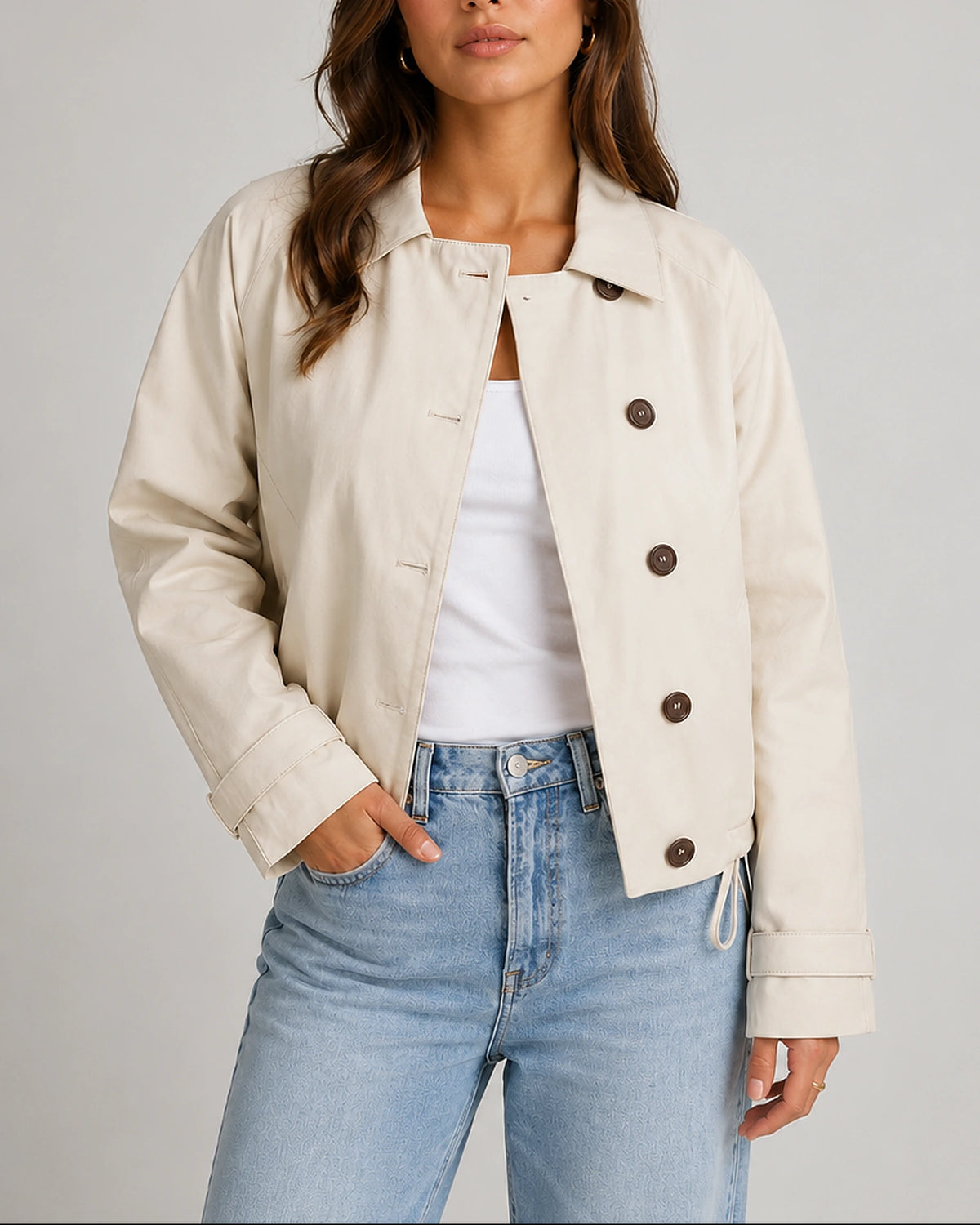 Women's Cropped Jacket with Button-Front Fastening and Collar in Beige – Tilly