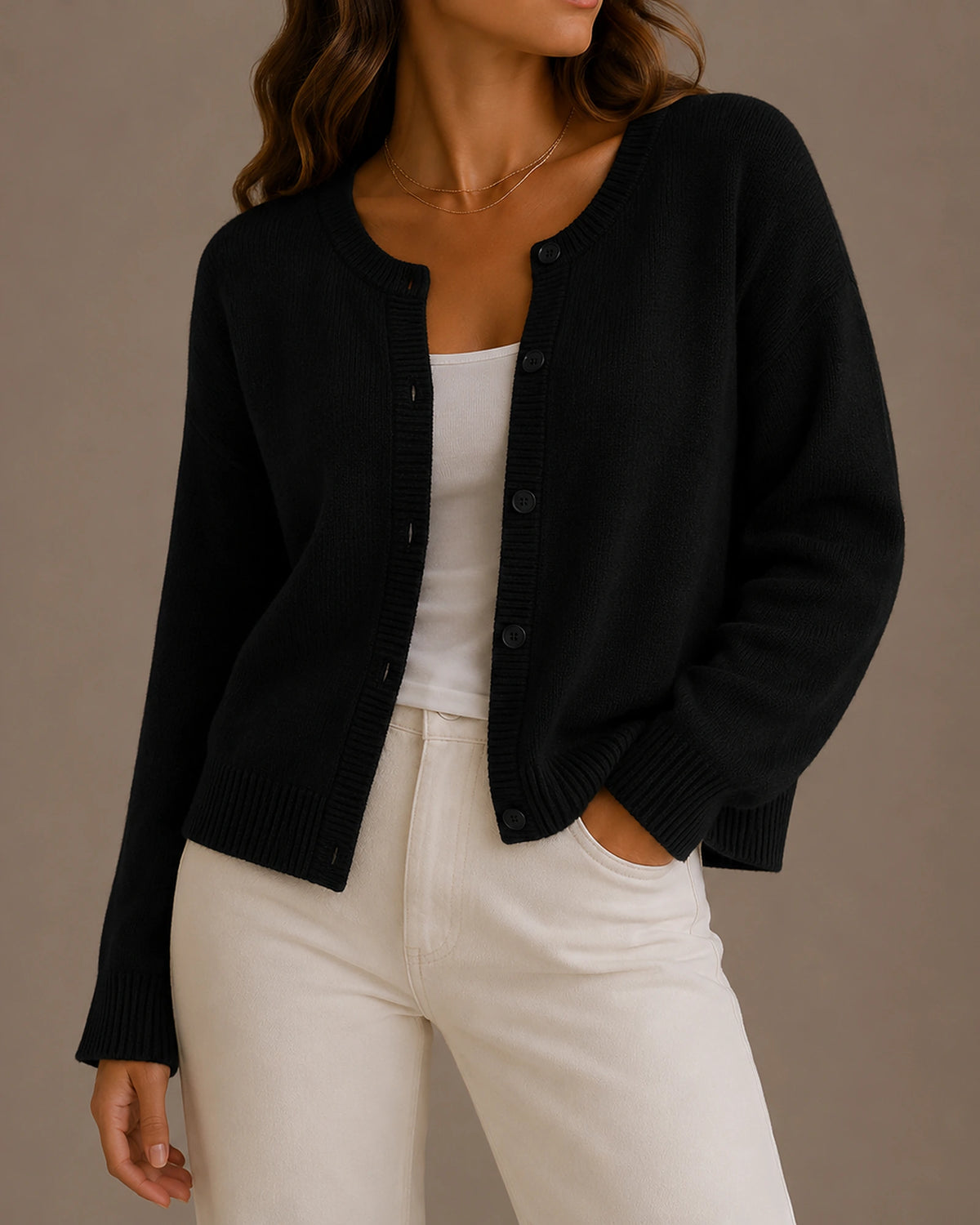 Women's Cardigan – Cropped Button-Up Knit Cardigan Sweater for Women with Ribbed Crew Neck – Hattie