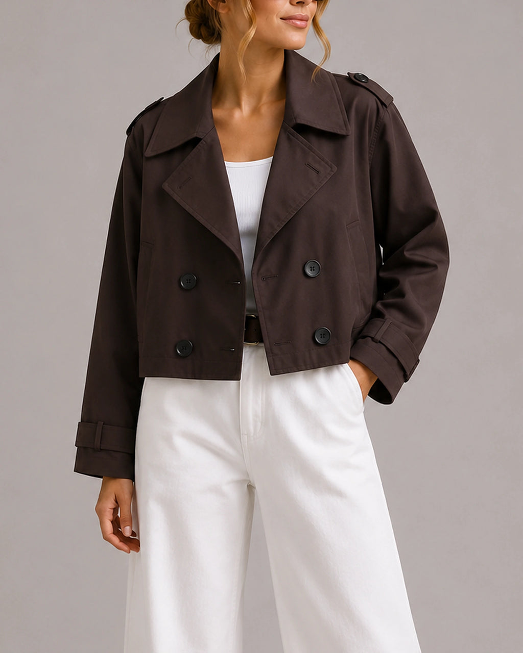 Women's Cropped Trench Coat Jacket with Oversized Lapel Collar, Double-Breasted – Frankie