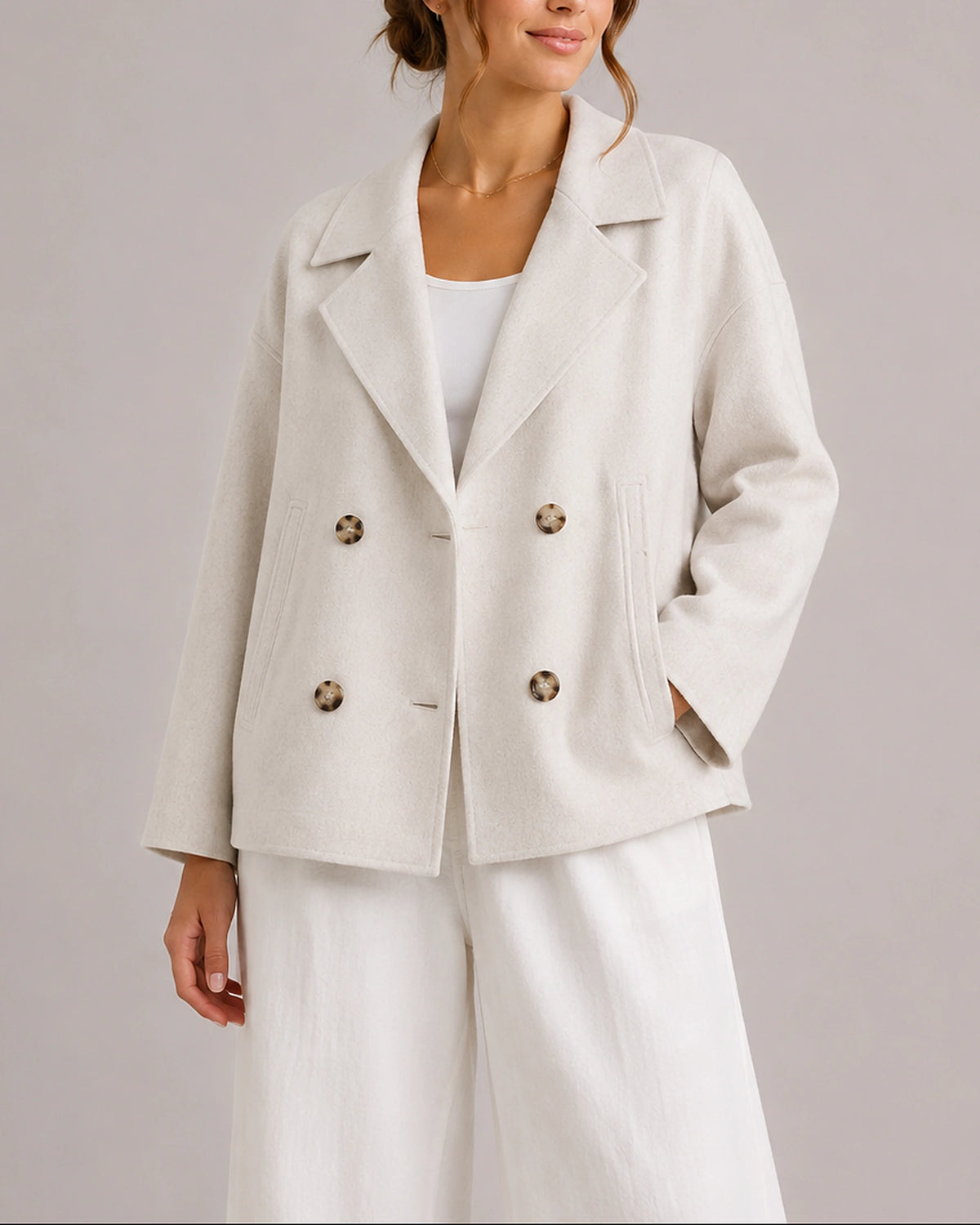 Women's Cropped Jacket with Oversized Lapel Collar, Double-Breasted Wool-Look Finish – Ella