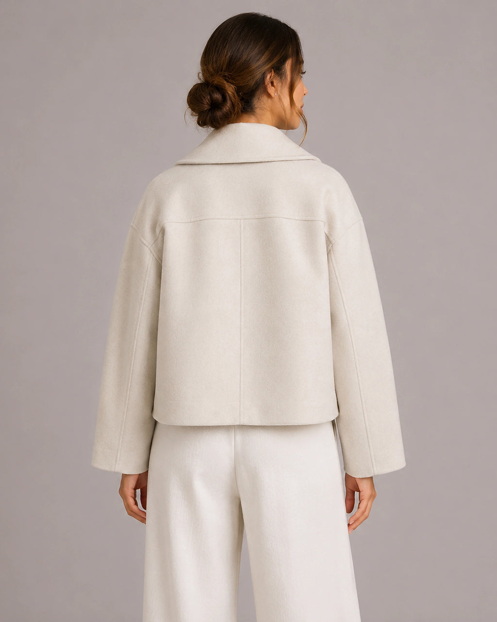 Women's Cropped Jacket with Oversized Lapel Collar, Double-Breasted Wool-Look Finish – Ella