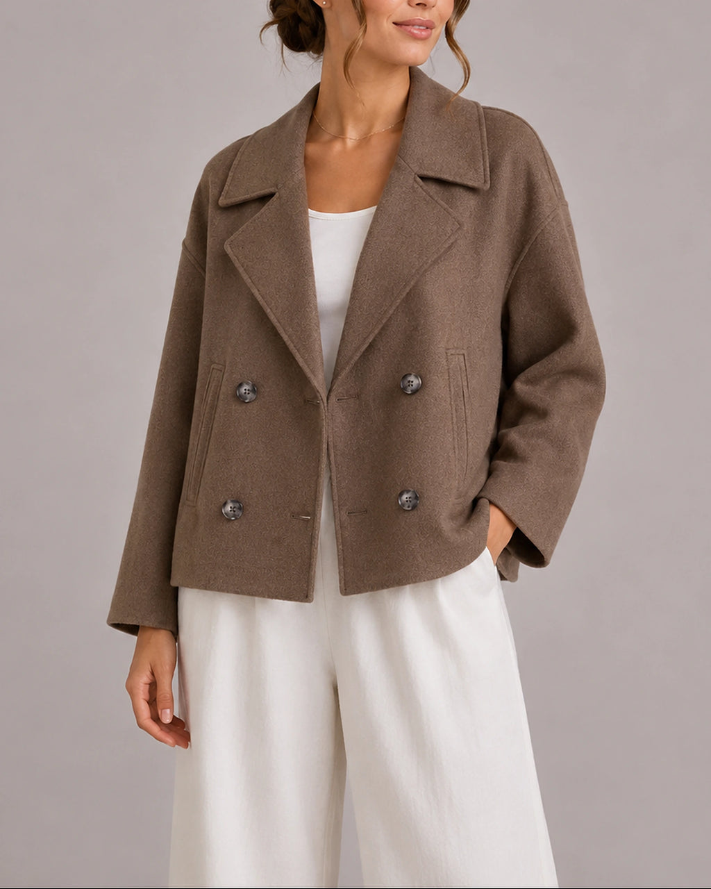 Women's Cropped Jacket with Oversized Lapel Collar, Double-Breasted Wool-Look Finish – Ella